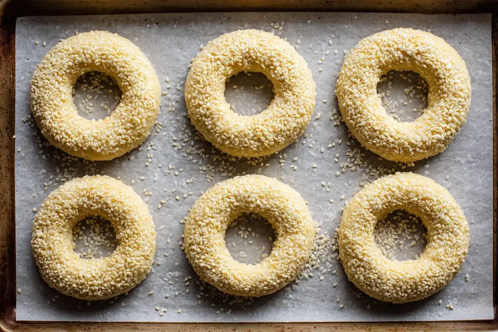 Almond Flour and Cottage Cheese Bagel Low-Carb - 3 Ingredients 5 unbaked almond flour bagels on tray